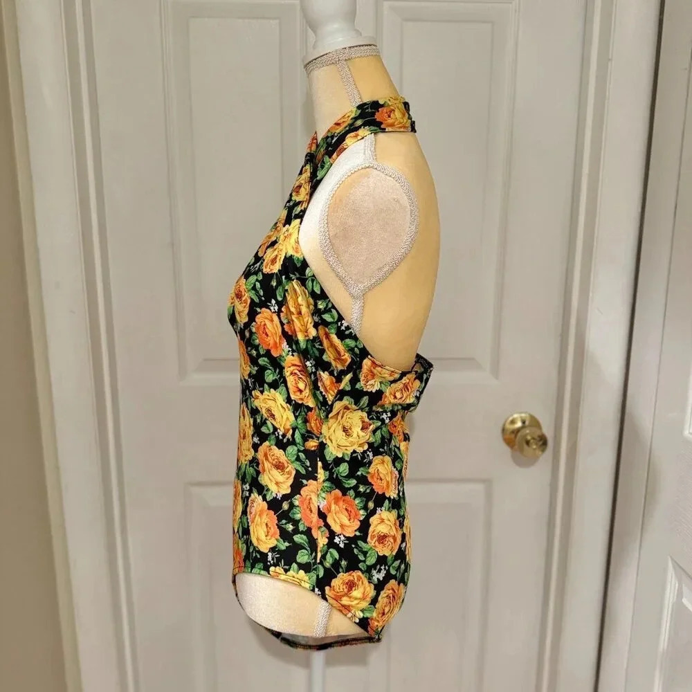 NWT Zara Twisted Halter Floral Black & Yellow Bodysuit - Picture 4 of 9